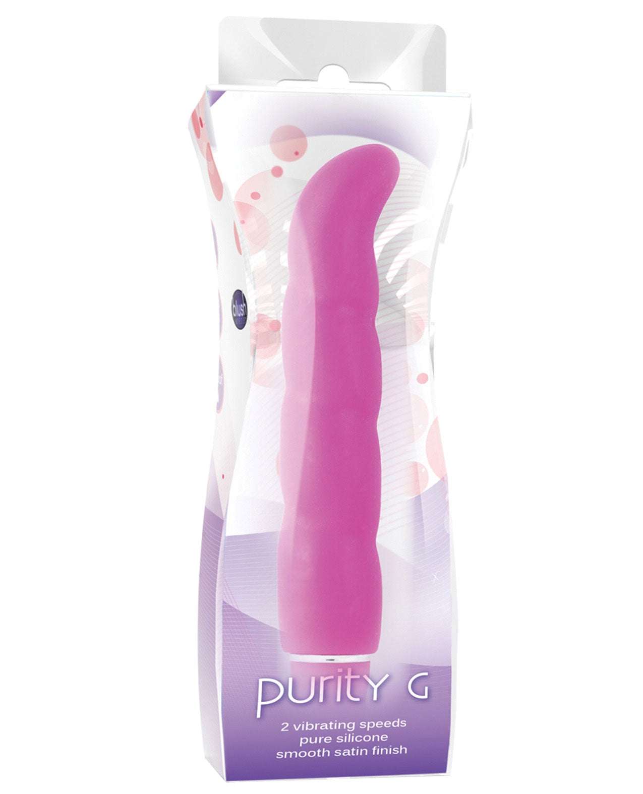 Pink Blush Luxe Purity G silicone vibrator with smooth satin finish and ergonomic G-spot curve in retail packaging