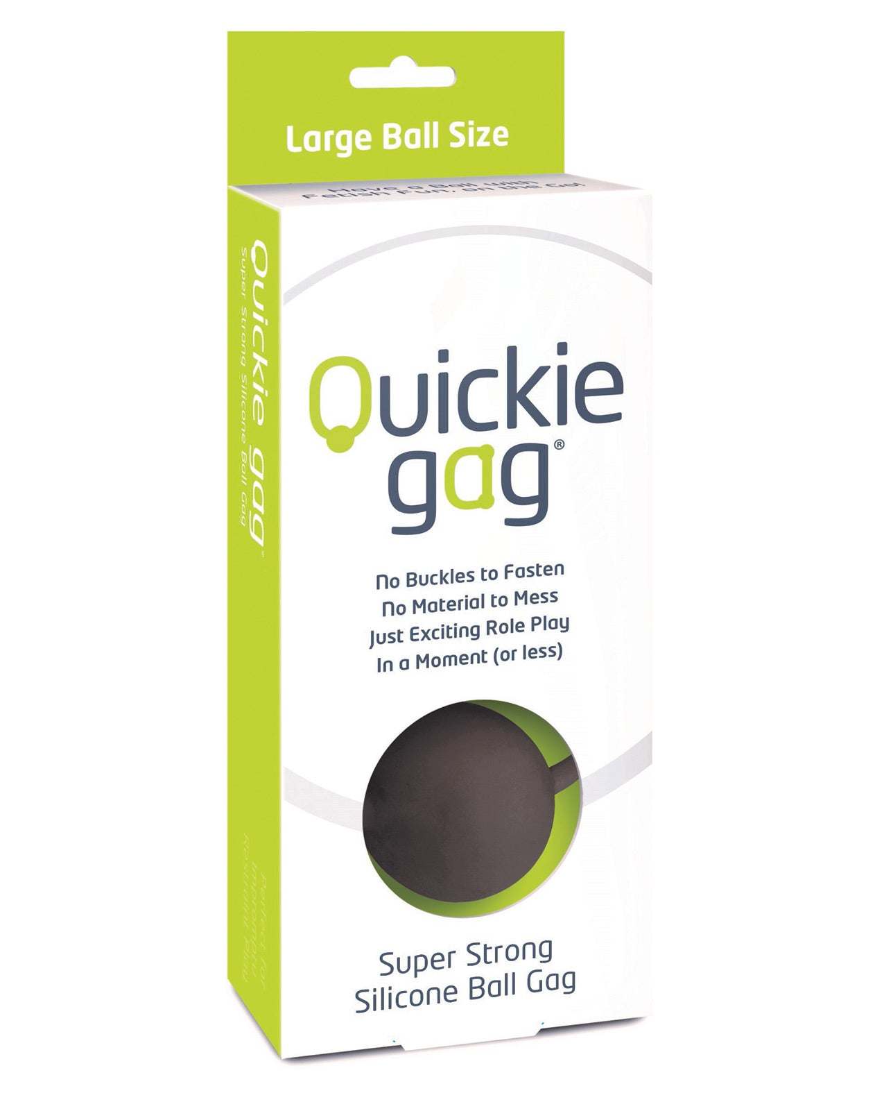 Quickie Ball Gag Large black silicone ball gag with no buckles, adjustable strap, and easy-to-clean design in retail packaging.