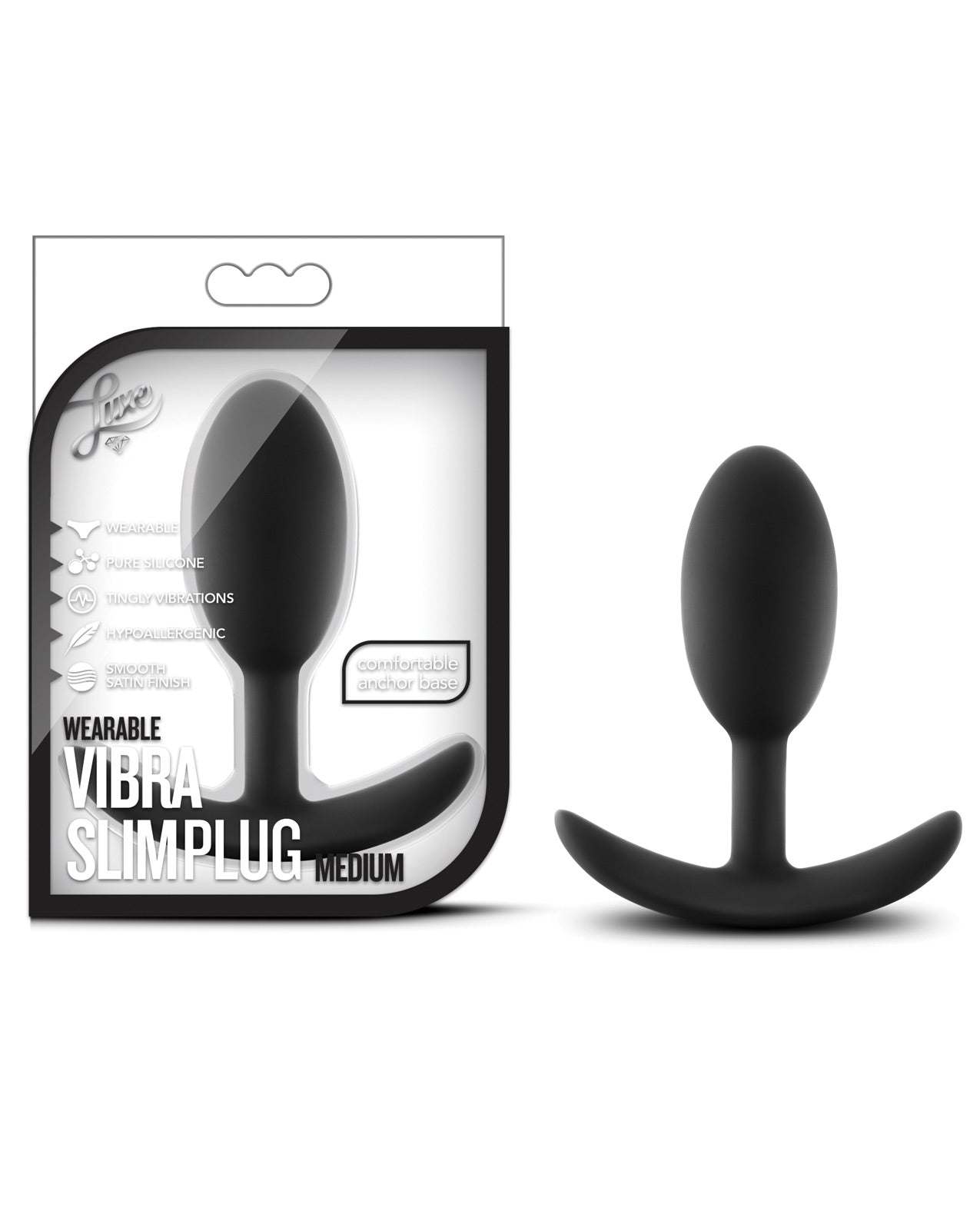 Blush Luxe Wearable Vibra Slim Plug Medium in black, smooth silicone, medium size anal plug with discreet vibrating inner bearing and comfortable anchor base.