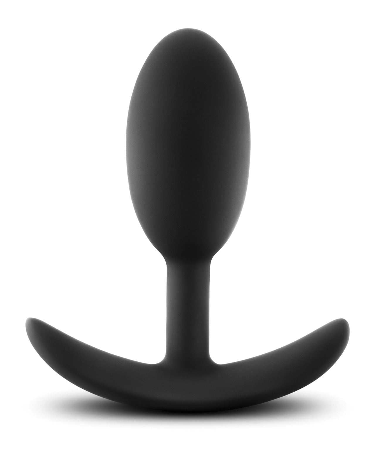 Black medium-sized Blush Luxe Wearable Vibra Slim Plug made of satin smooth silicone with a tapered design and secure anchor base.