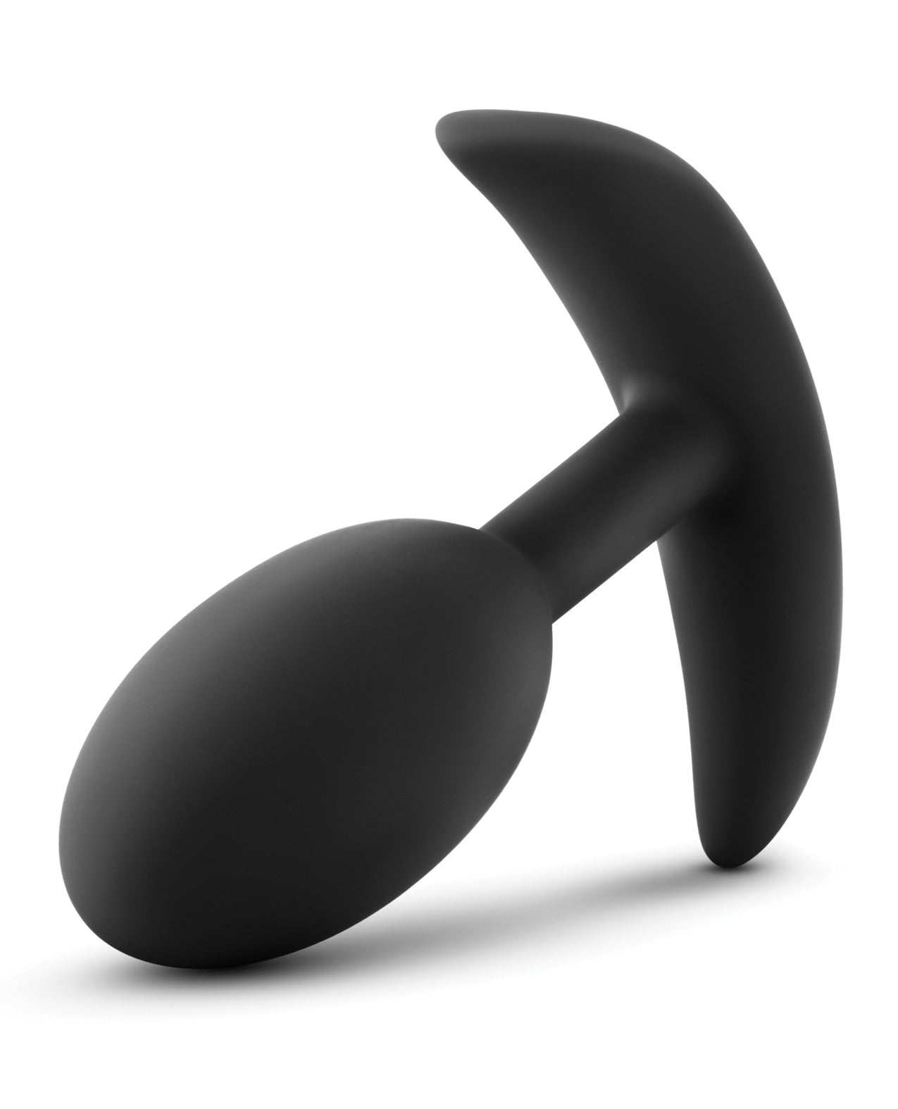 Black medium-sized Blush Luxe Wearable Vibra Slim Plug with tapered design and satin smooth silicone surface.