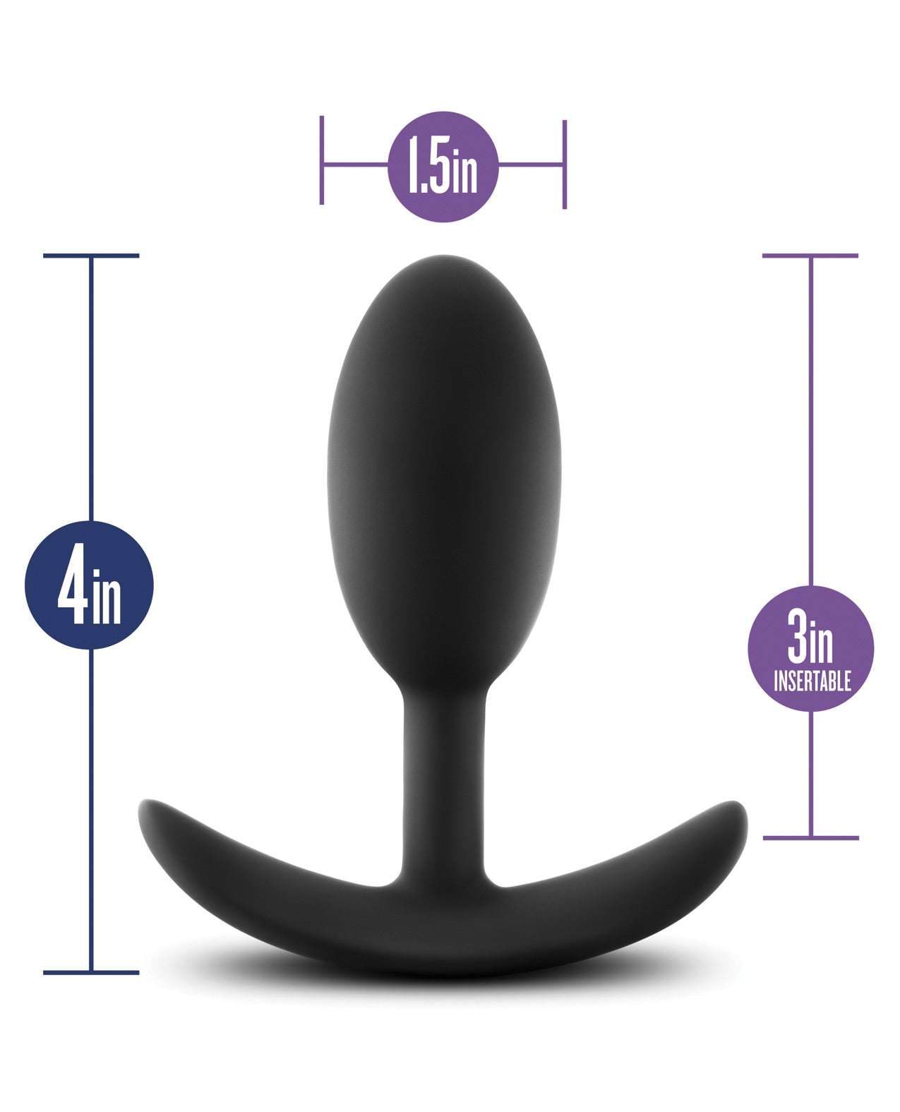 Black medium-sized Blush Luxe Wearable Vibra Slim Plug with 4-inch length and 1.5-inch width, featuring a tapered design and anchor base for comfort and secure fit.