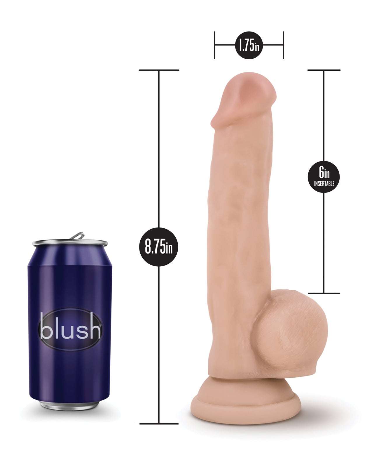 Blush Coverboy Mr. Jackhammer flesh-colored realistic dildo with 8.5-inch length and 6-inch insertable length next to a can for size comparison