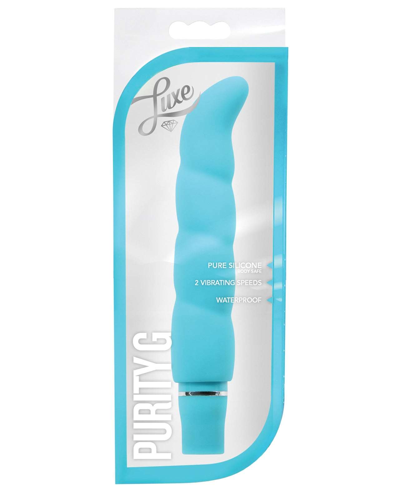 Blush Luxe Purity G silicone vibrator in aqua with ergonomic G-spot curve and waterproof design
