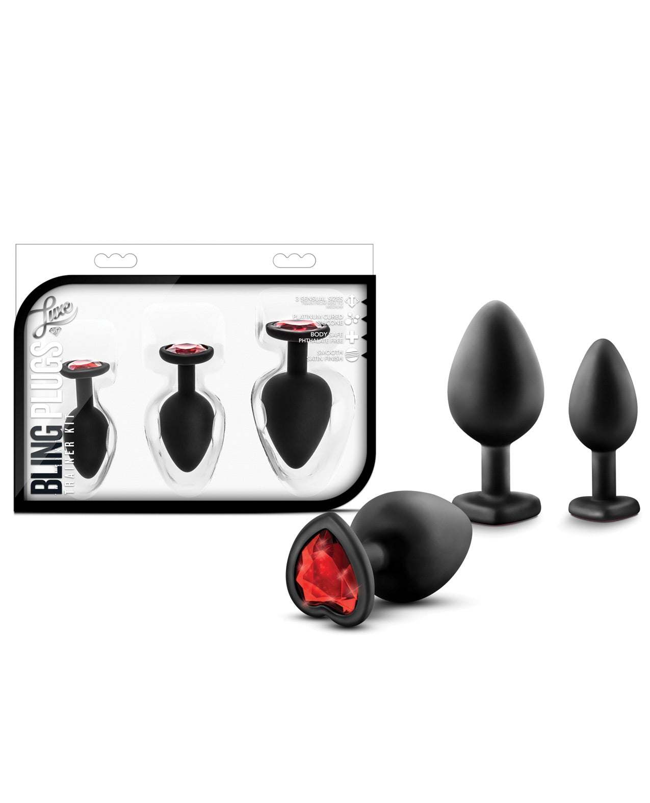 Blush Luxe Bling Plugs black anal training kit with red gem accents, three sizes for beginners