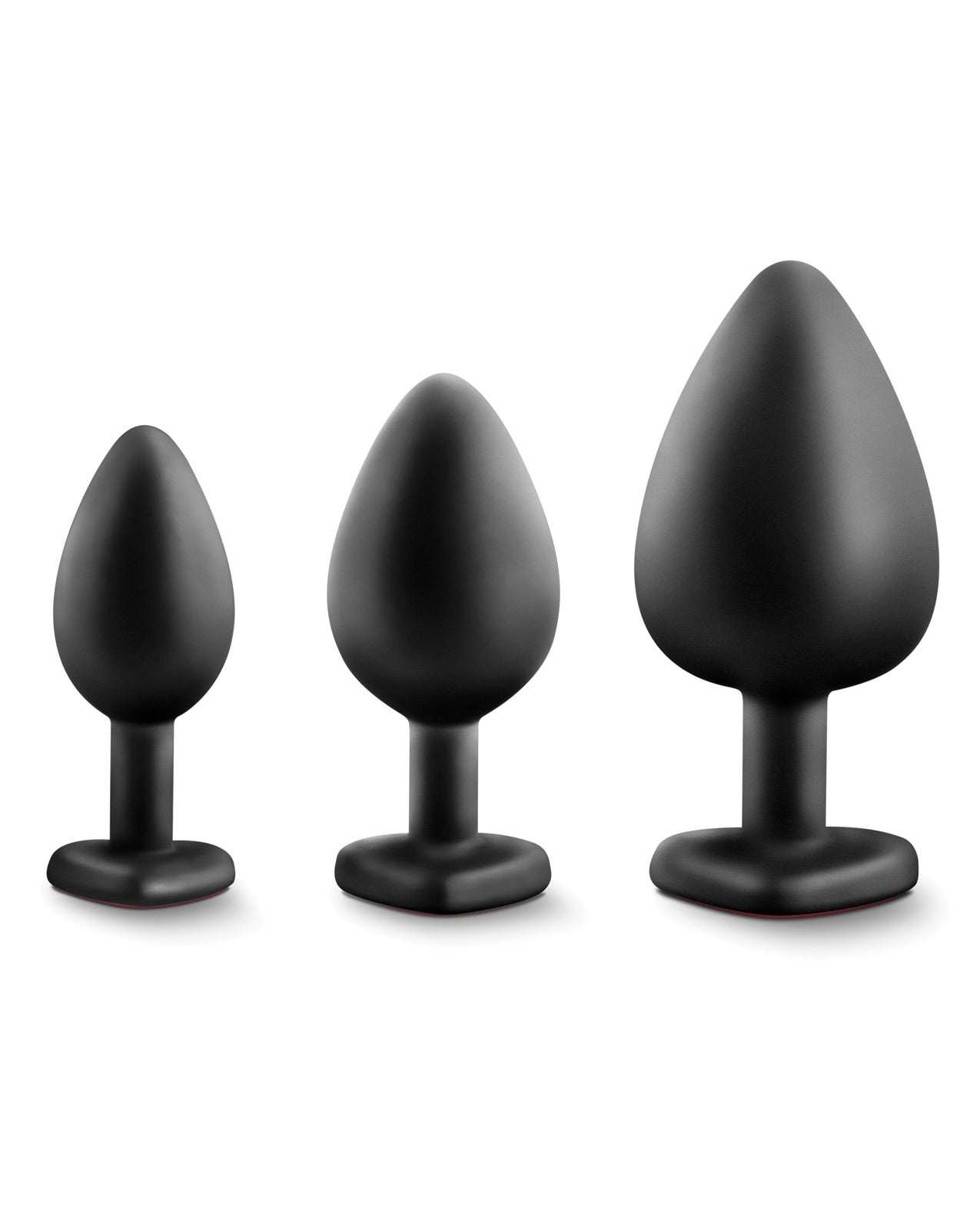 Blush Luxe Bling Plugs training kit in black with red gems, three tapered anal plugs in small, medium, and large sizes.