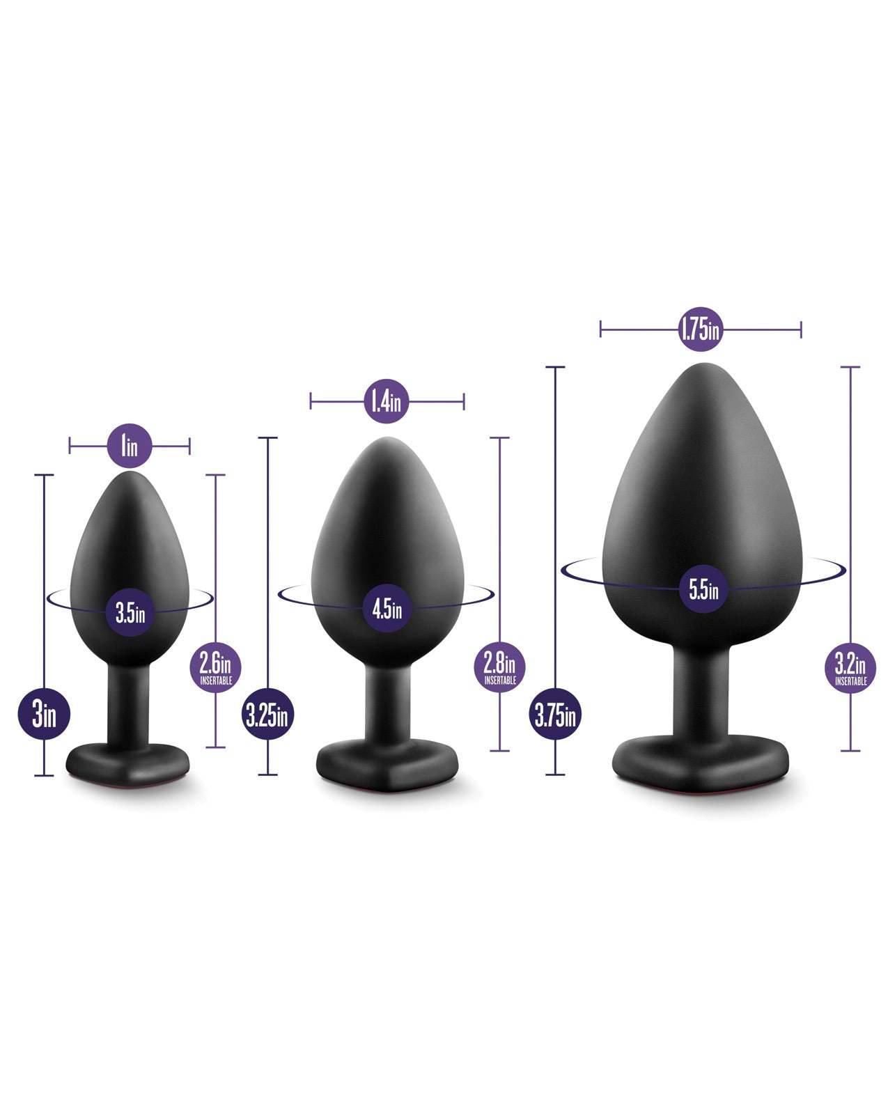 Blush Luxe Bling Plugs black anal training kit with red gem accents and size measurements