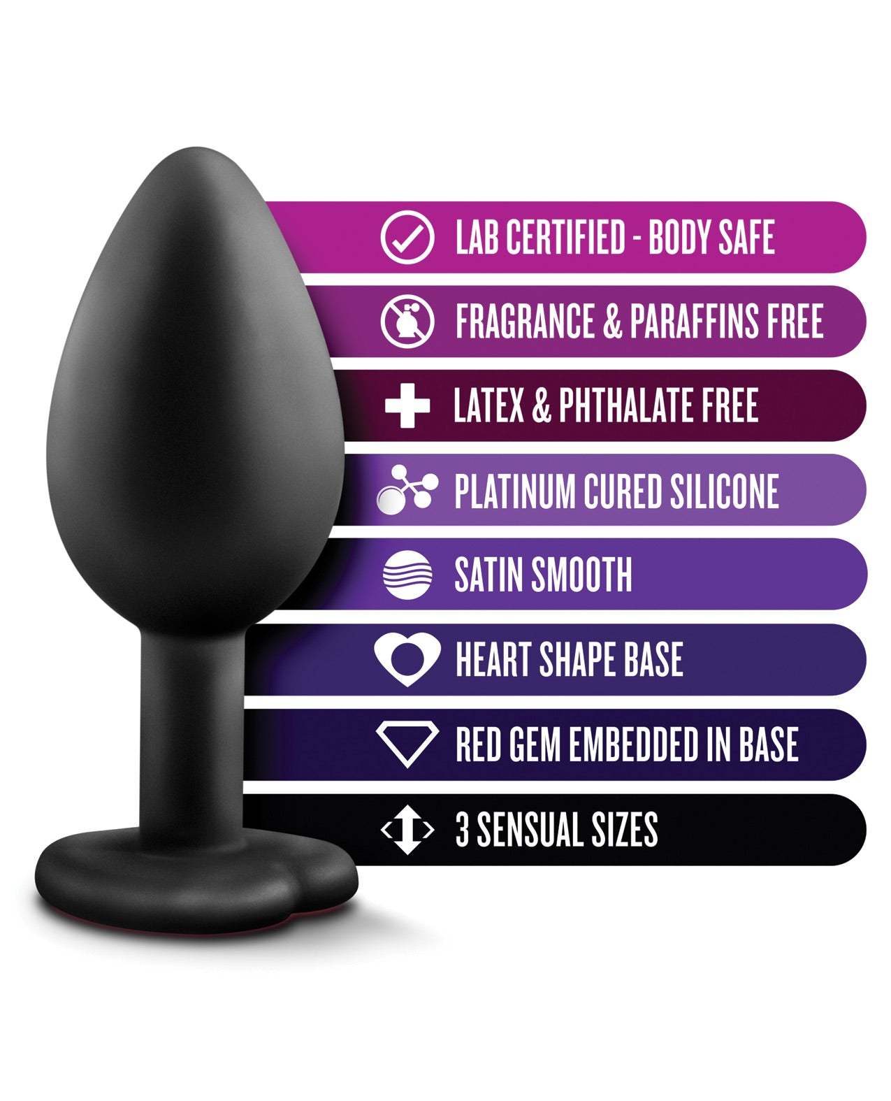 Black Blush Luxe Bling Plug with red gem and heart-shaped base, body safe silicone anal trainer