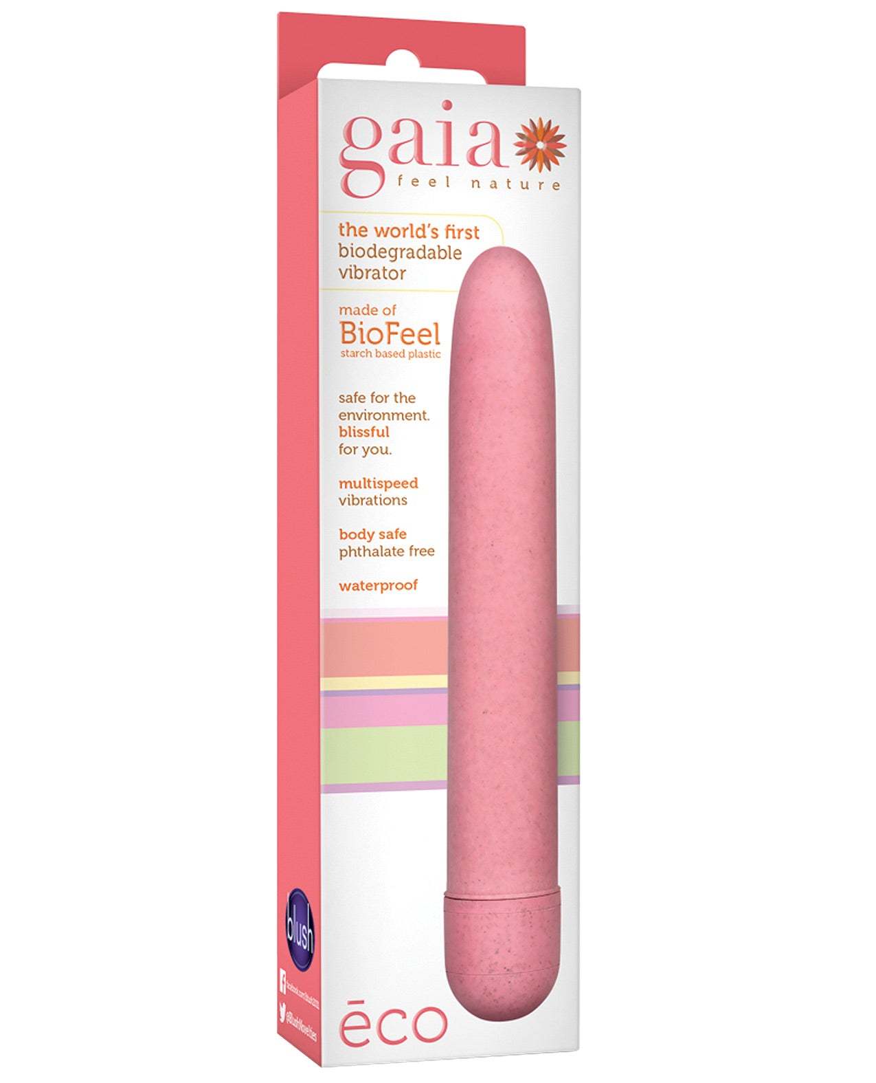 Blush Gaia Biodegradable Vibrator Eco in coral made from plant-based BioFeel with multispeed vibrations and eco-friendly design.
