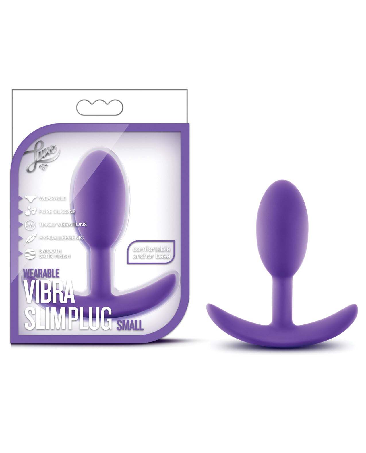 Blush Luxe Wearable Vibra Slim Plug Small purple silicone anal plug with discreet vibrations and comfortable anchor base