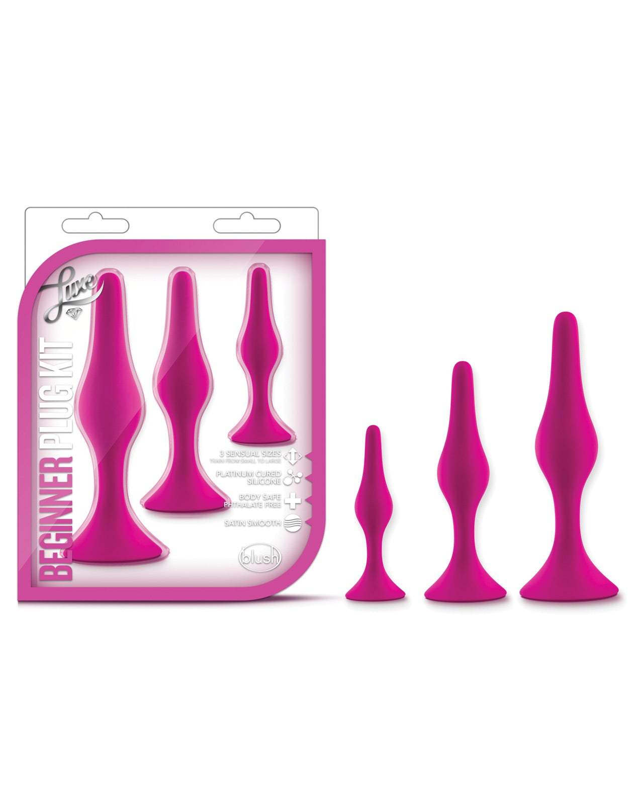 Pink Blush Luxe Beginner Plug Kit with three graduated, silicone anal plugs for beginner comfort and gradual exploration