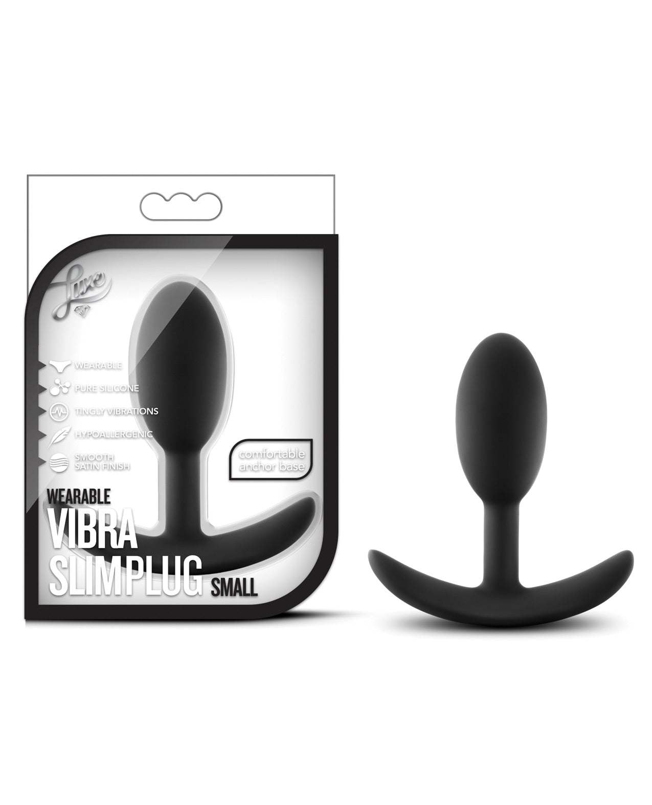 Blush Luxe Wearable Vibra Slim Plug Small in black with tapered design and discreet vibration mechanism.