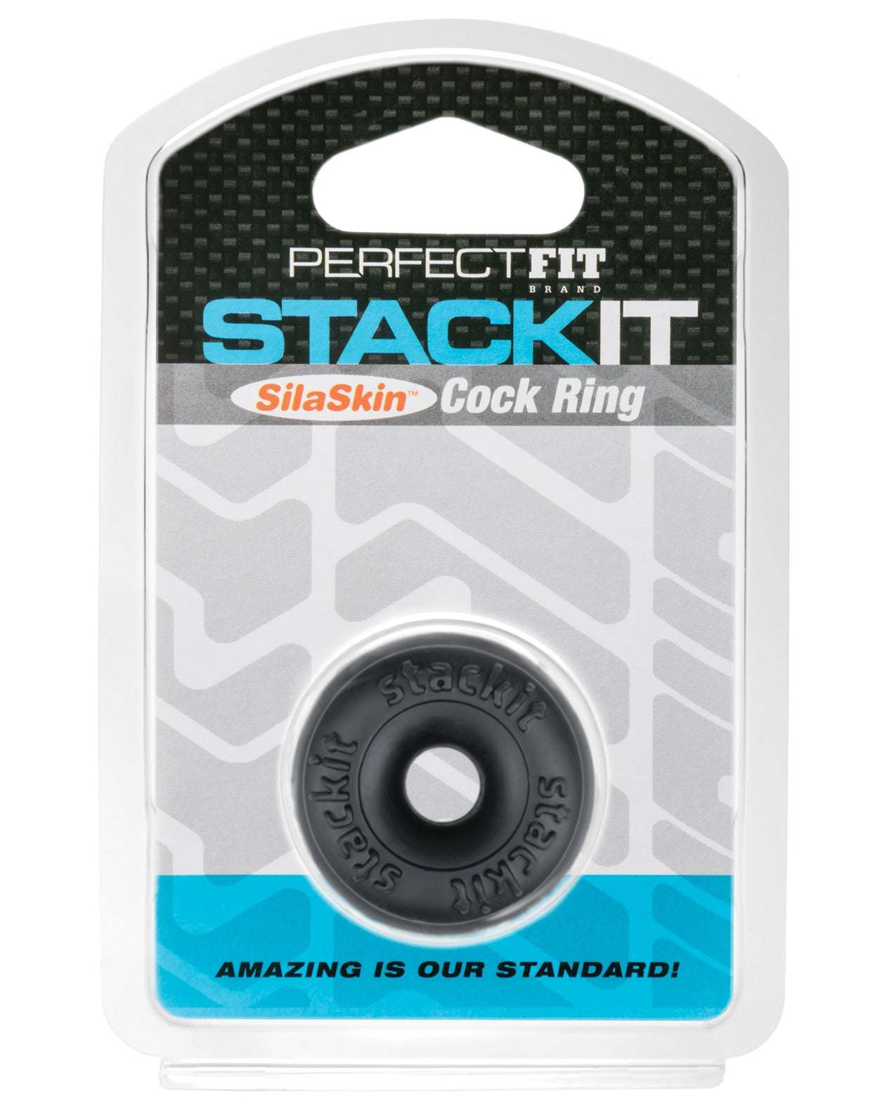 Perfect Fit Stackit Cock Ring in black made of ultra-soft SilaSkin material in retail packaging
