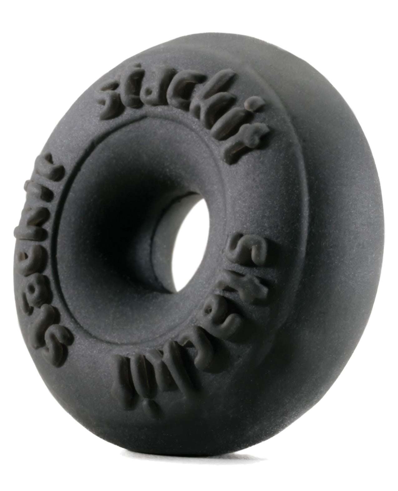 Black Perfect Fit Stackit Cock Ring made of ultra-soft and durable SilaSkin material with textured branding.