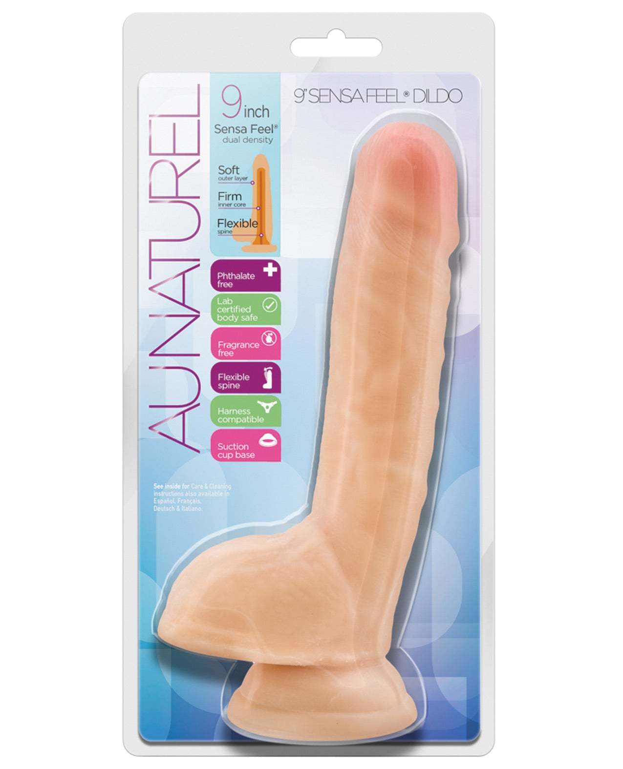 Blush Au Naturel 9 inch beige dildo with Sensa Feel dual density, flexible spine, and suction cup base in retail packaging