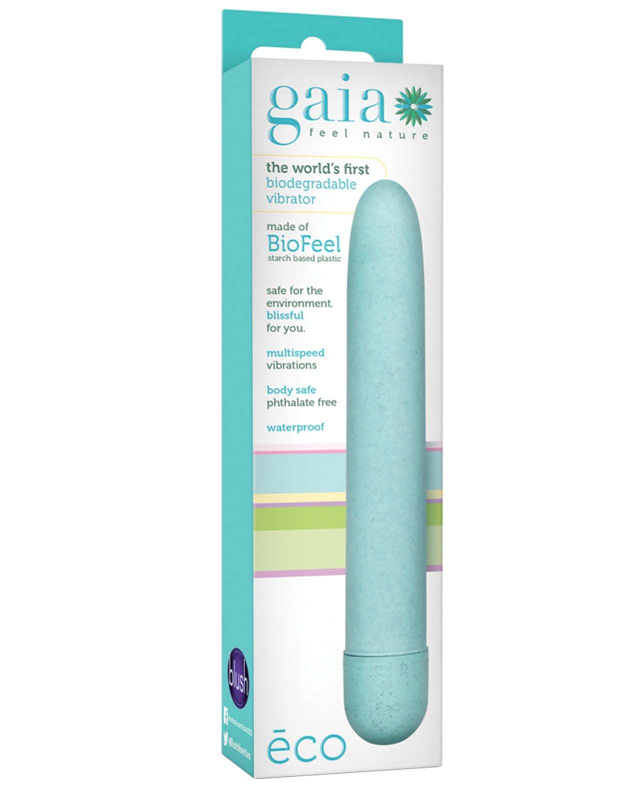 Blush Gaia Biodegradable Vibrator Eco in aqua with slim eco-friendly design and multispeed vibrations