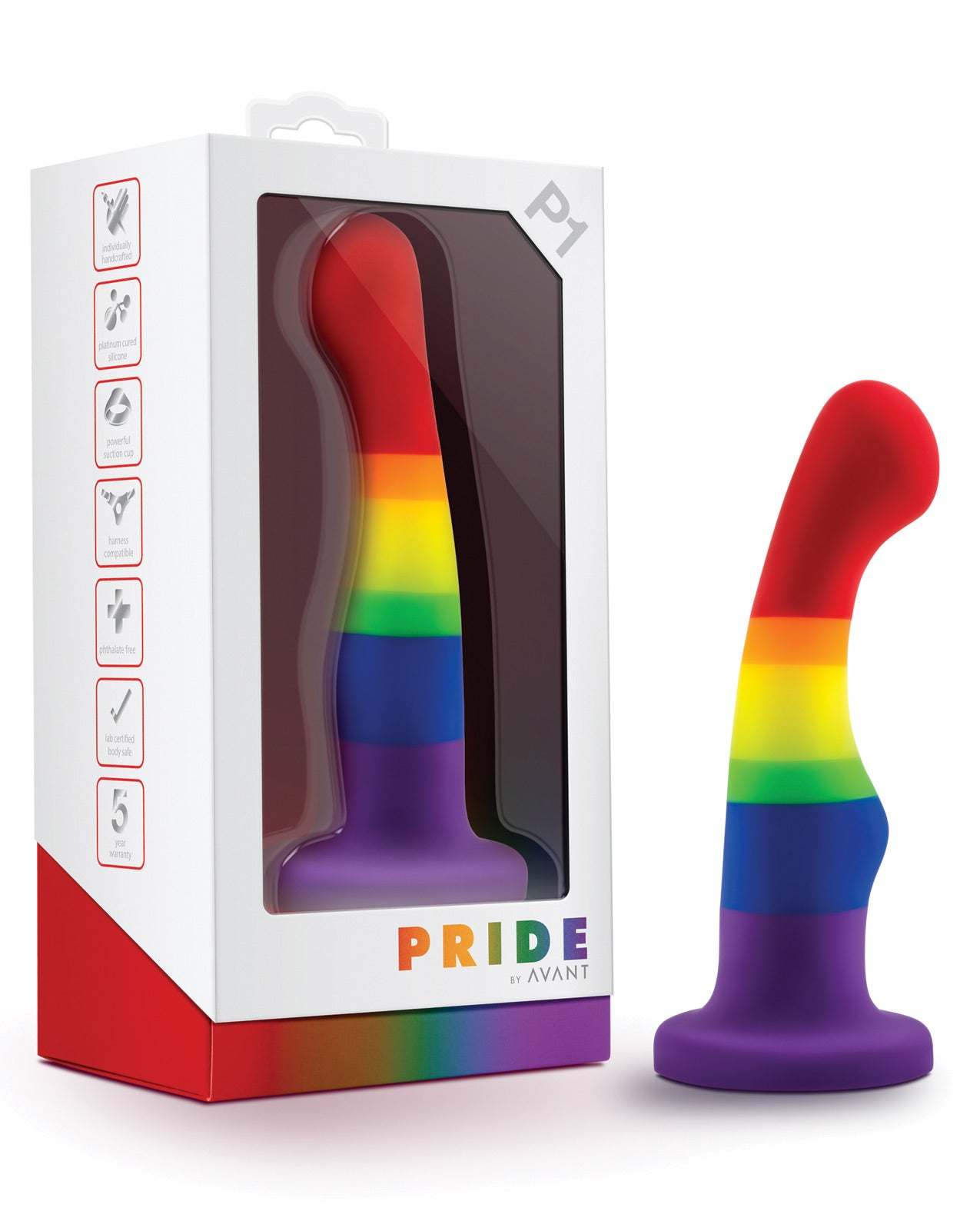 Blush Avant P1 gay pride silicone dong with rainbow colors and suction cup base for hands-free use