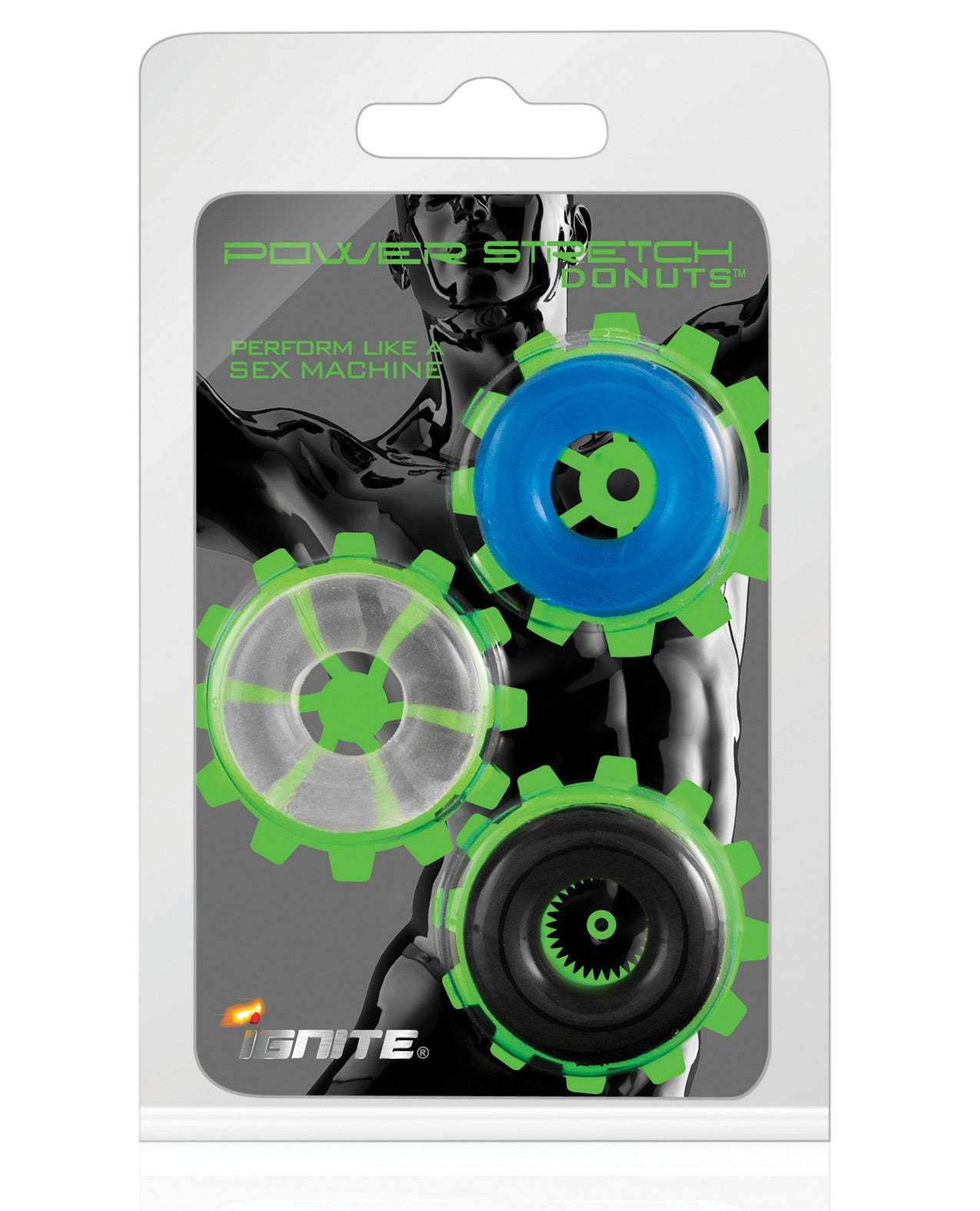 Ignite Power Stretch Donuts pack of three black, clear, and blue cock rings for male climax enhancement