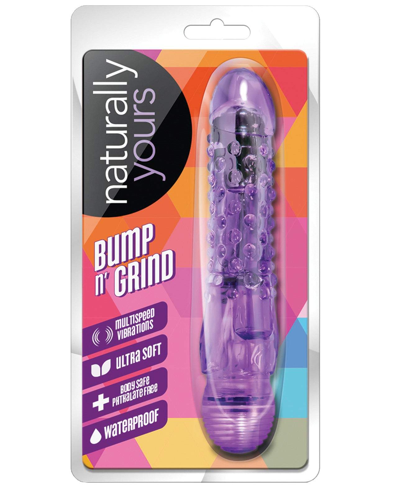 Blush Naturally Yours Purple Bump n Grind vibrator with multispeed vibrations and textured flexible shaft in packaging