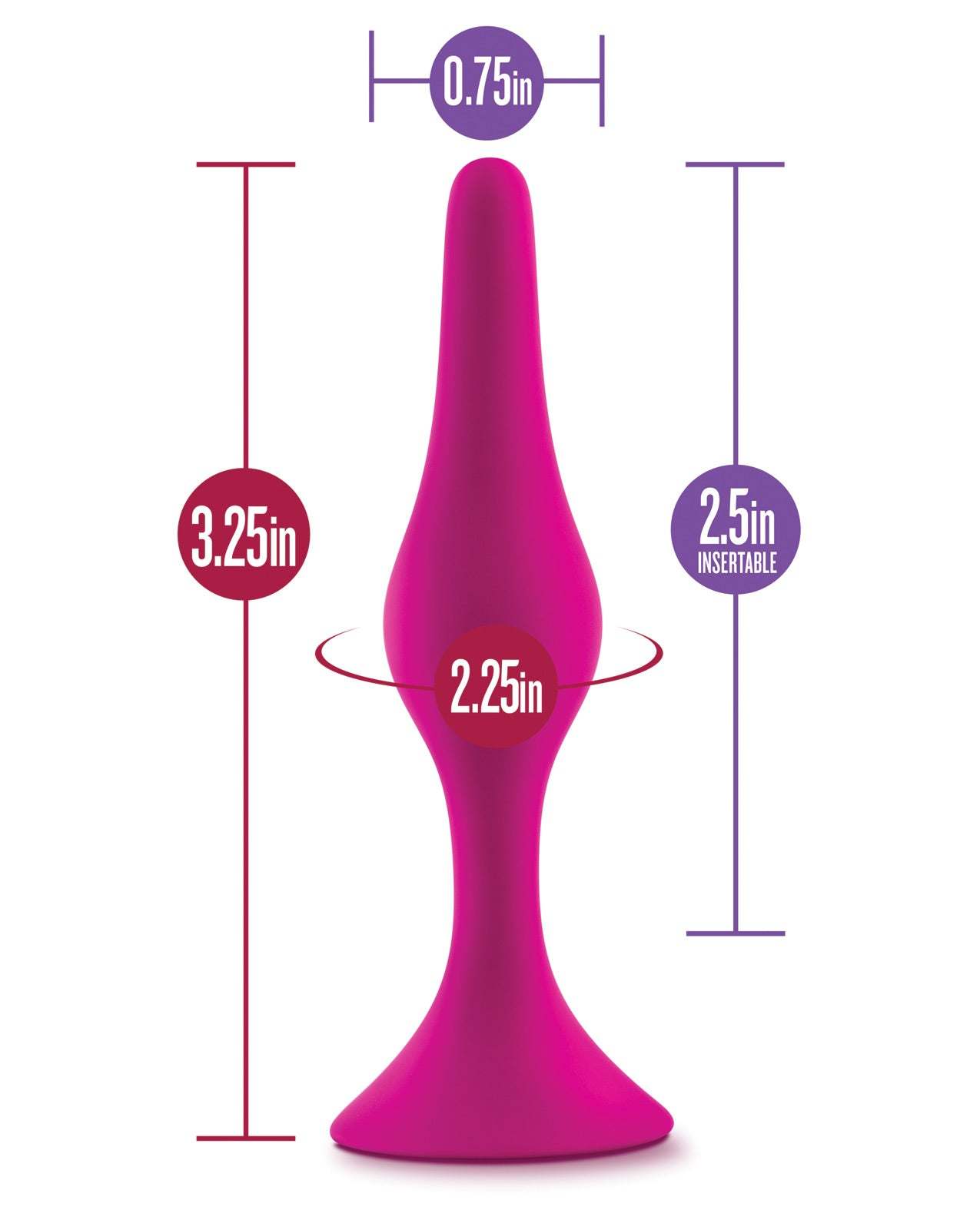 Pink Blush Luxe Beginner Plug Small with tapered tip and dimensions for gentle anal playPink Blush Luxe Beginner Plug Small, small tapered silicone anal plug with secure neck and base