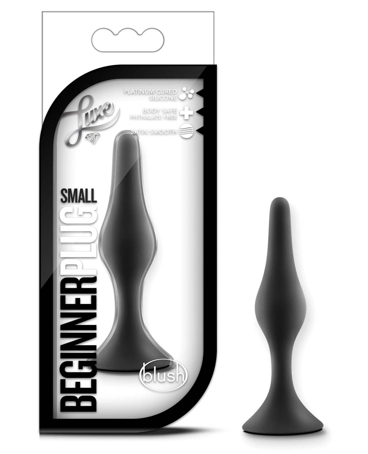 Blush Luxe Beginner Plug Small in black, satin-smooth silicone anal plug for beginners, tapered tip and snug neck for comfort and safety.