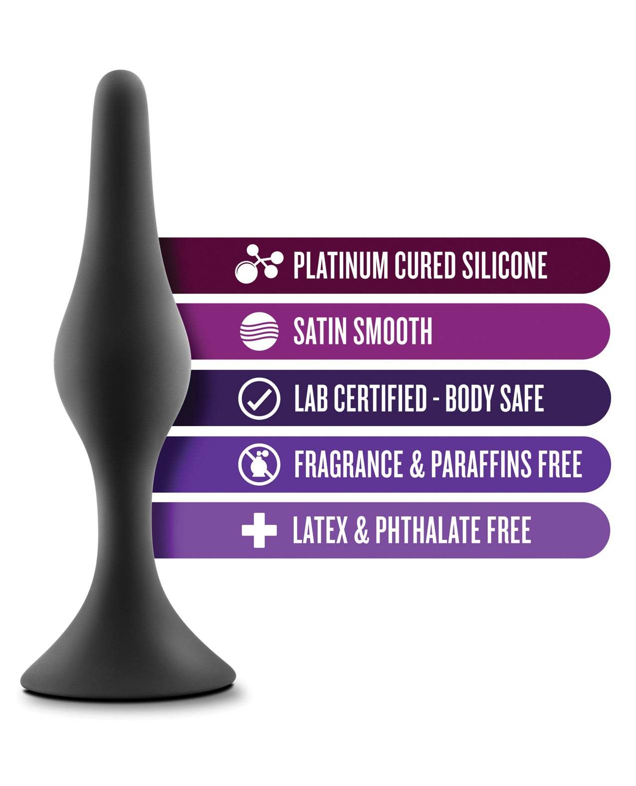Blush Luxe Beginner Plug Small in black, satin smooth, body-safe platinum cured silicone anal toy designed for beginners.
