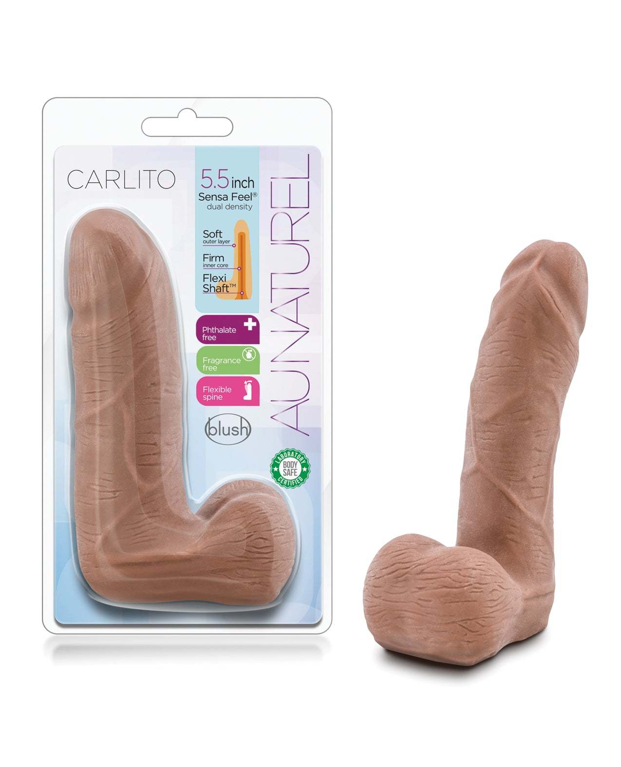 Blush Au Naturel Carlito 5.5 inch realistic dildo with dual density soft touch and firm core, phthalate-free skin-safe TPE, veiny shaft and plush balls.