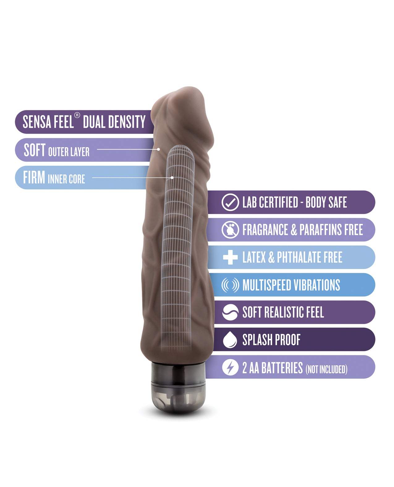 Blush Novelties waterproof realistic vibrator with soft outer layer and firm inner core, splash proof and multispeed vibrations.