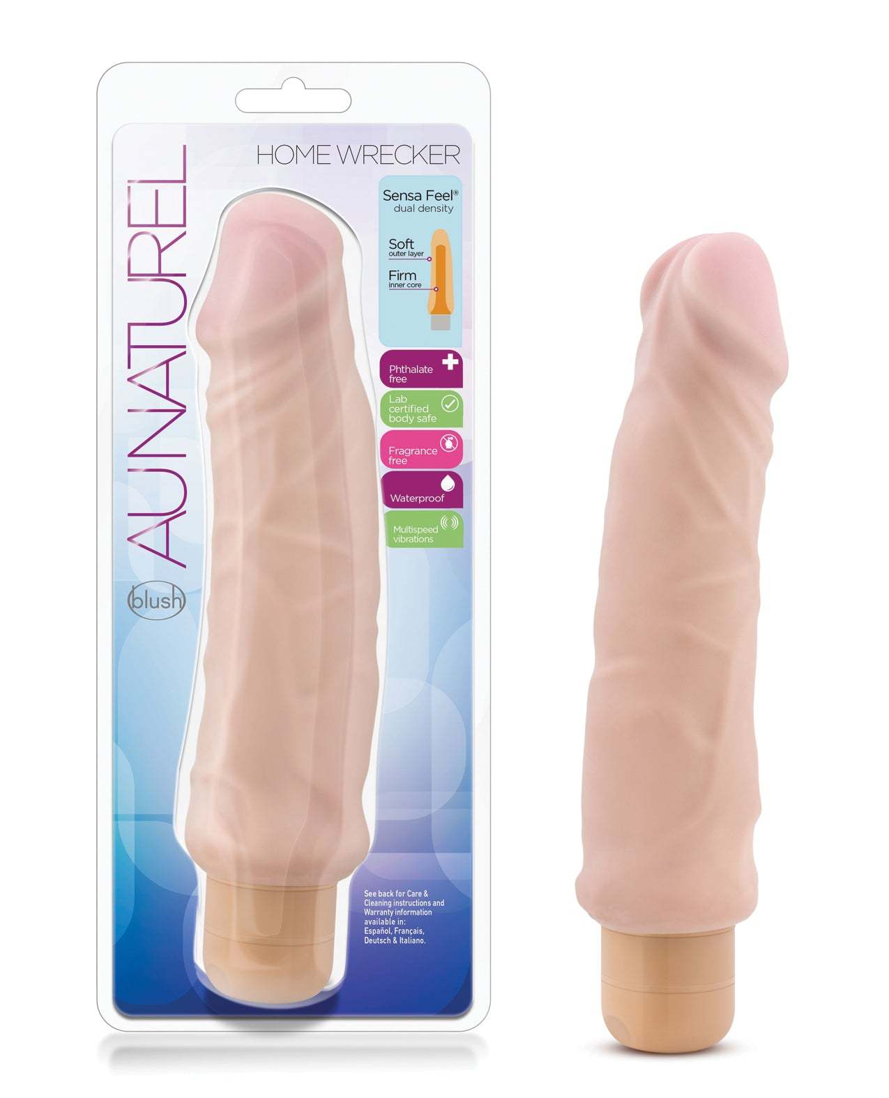 Blush Au Naturel Home Wrecker waterproof realistic dildo with dual density soft and firm texture, 9.5 inches long, body safe and phthalate free