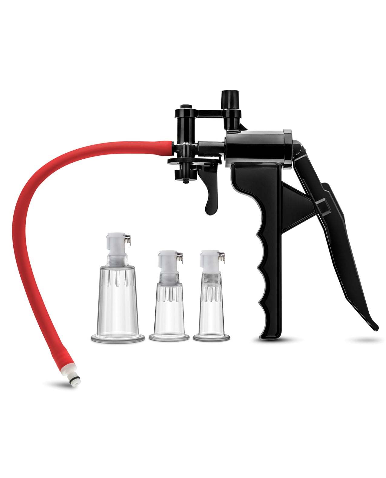 Blush Temptasia Clitoris & Nipple Pleasure Pump System with ergonomic handle, red tube, and three clear interchangeable cylinders for enhanced intimate stimulation