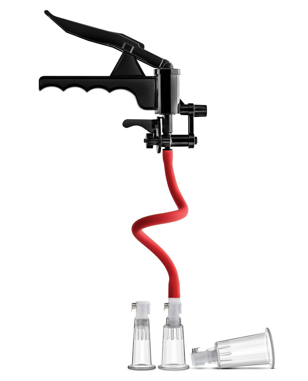 Blush Temptasia Clitoris and Nipple Pleasure Pump System with ergonomic trigger handle, red flexible hose, and three clear interchangeable cylinders.