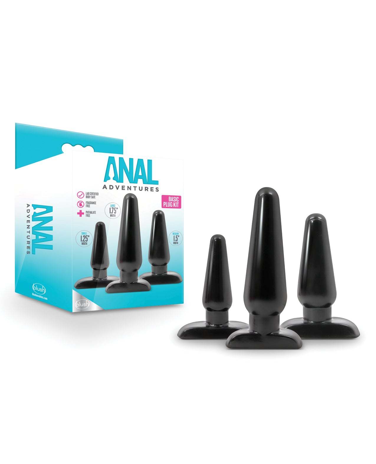 Blush Anal Adventures Basic Plug Kit in black with three graduated tapered anal plugs for beginners and enthusiasts.
