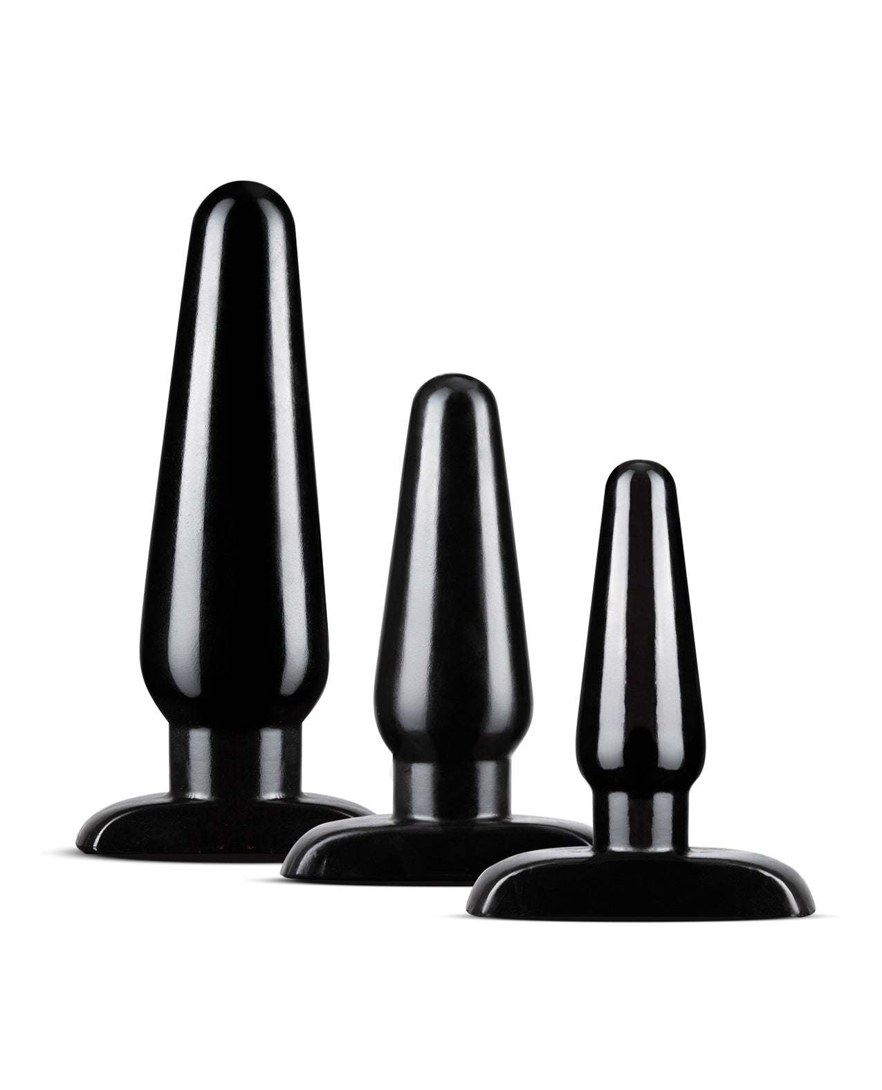 Blush Anal Adventures Basic black anal plug kit with three graduated smooth tapered plugs for beginner to advanced use