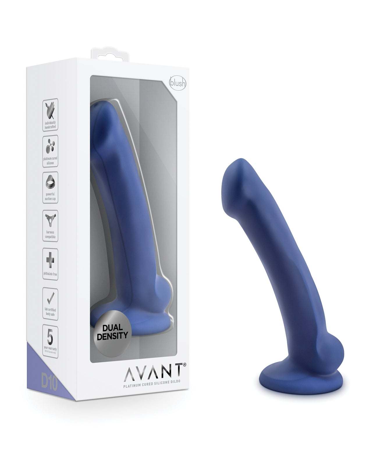 Blush Avant D10 Silicone Dildo Ergo Mini Indigo dual-density body-safe silicone dildo with ergonomic design and stylish packaging