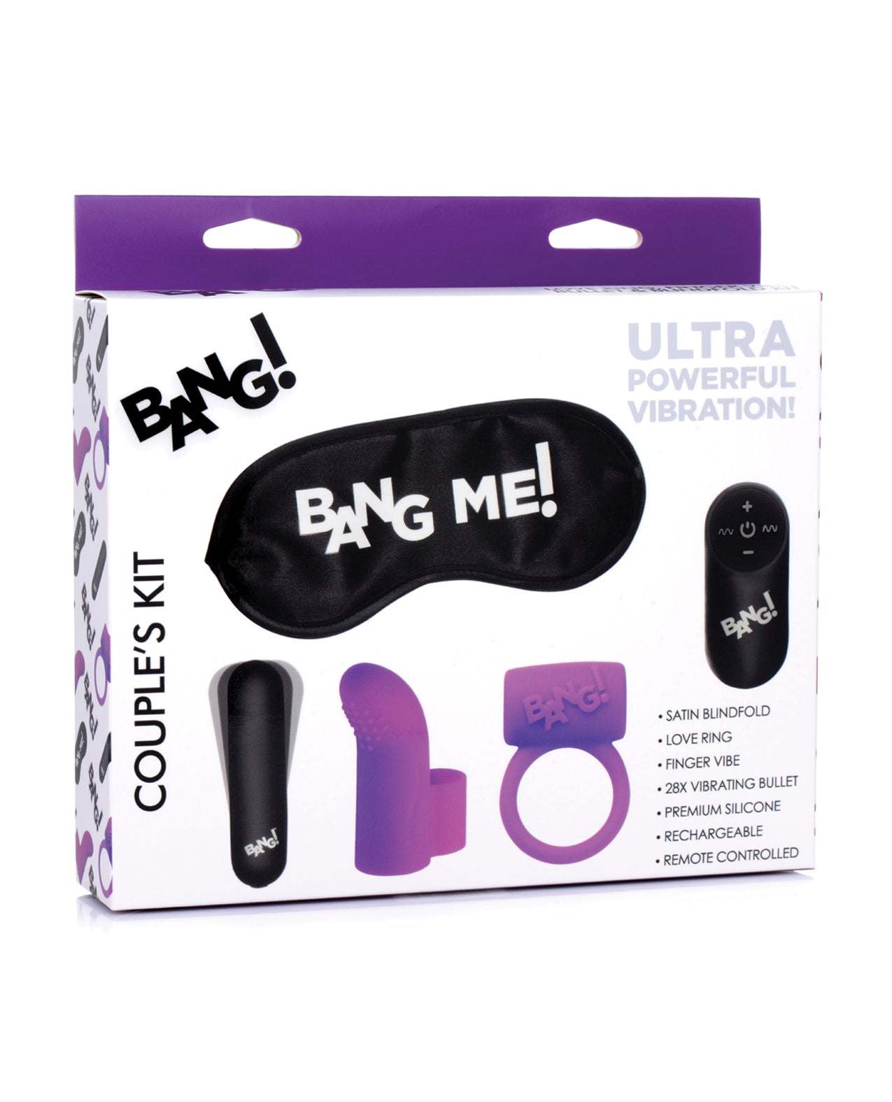 Purple couple's kit with remote control vibrating bullet, satin blindfold, love ring, and finger vibe.