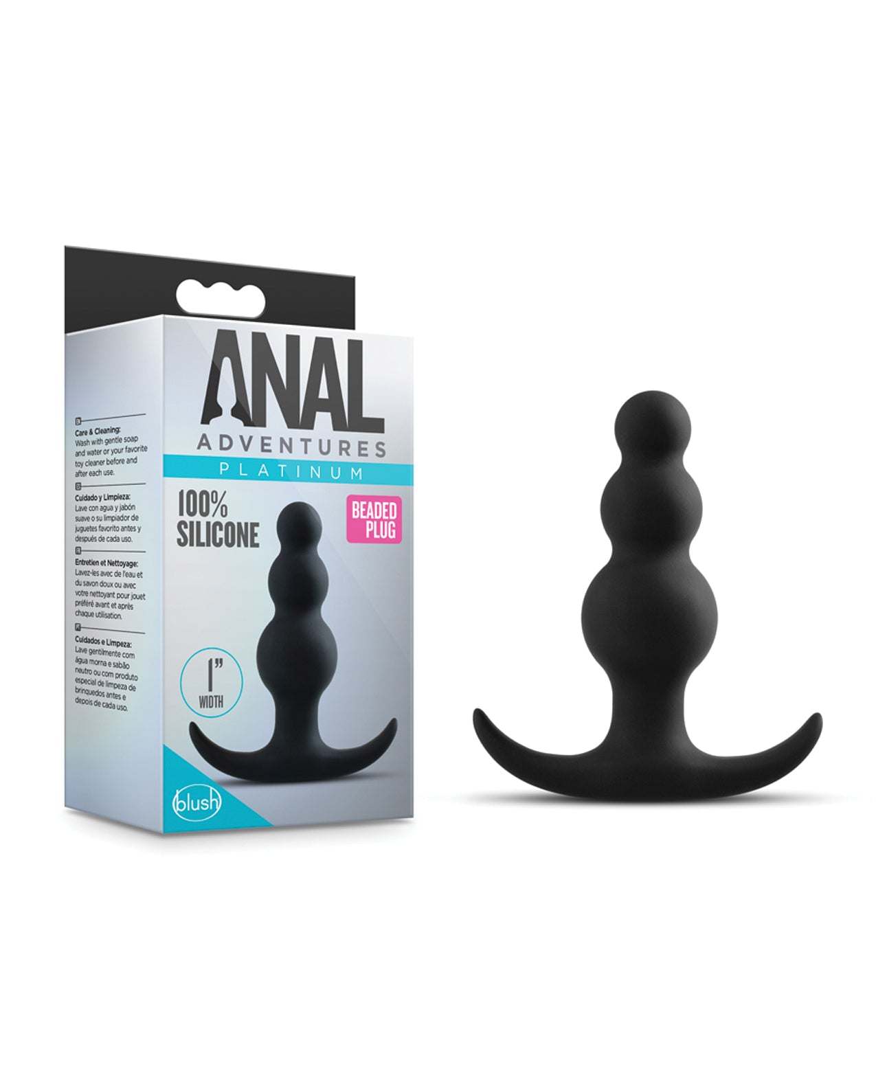 Blush Anal Adventures beaded black silicone anal plug with curved base for comfortable insertion and smooth texture