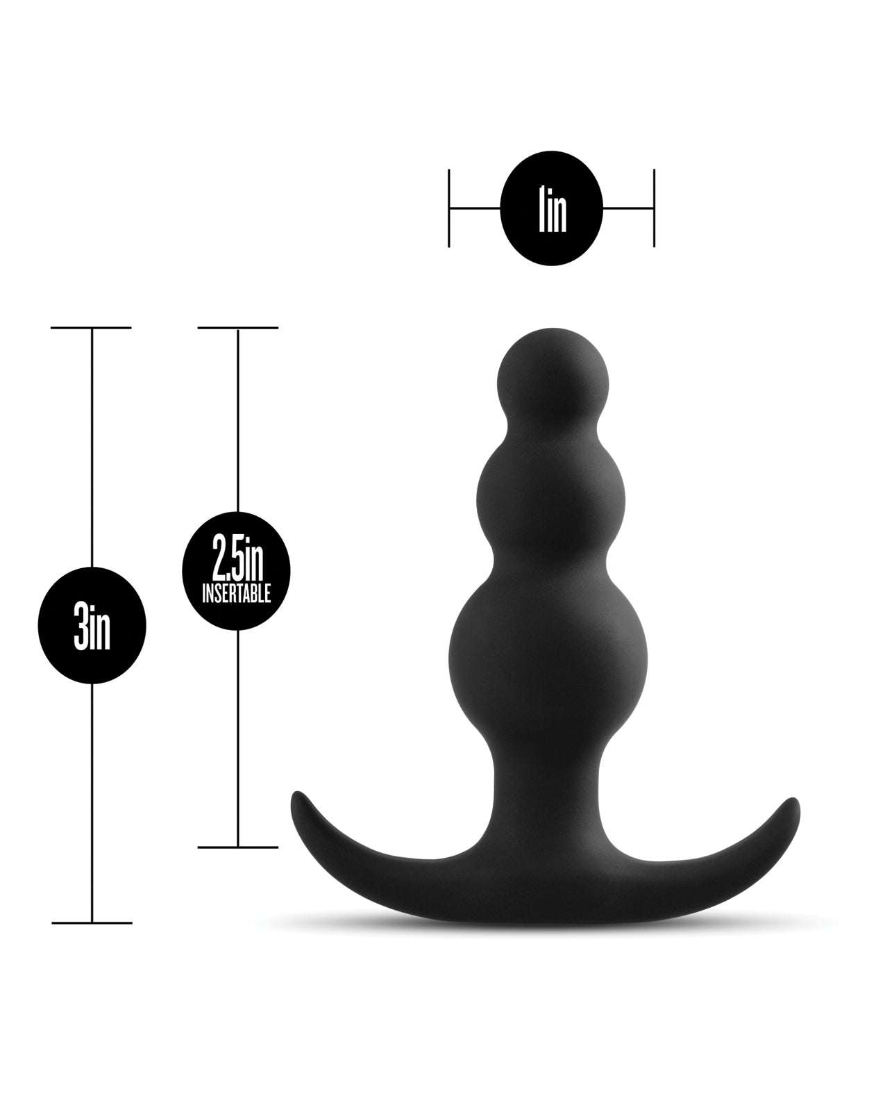 Black Blush Anal Adventures beaded silicone plug with 3-inch length and 1-inch width, designed for beginner to advanced anal play.