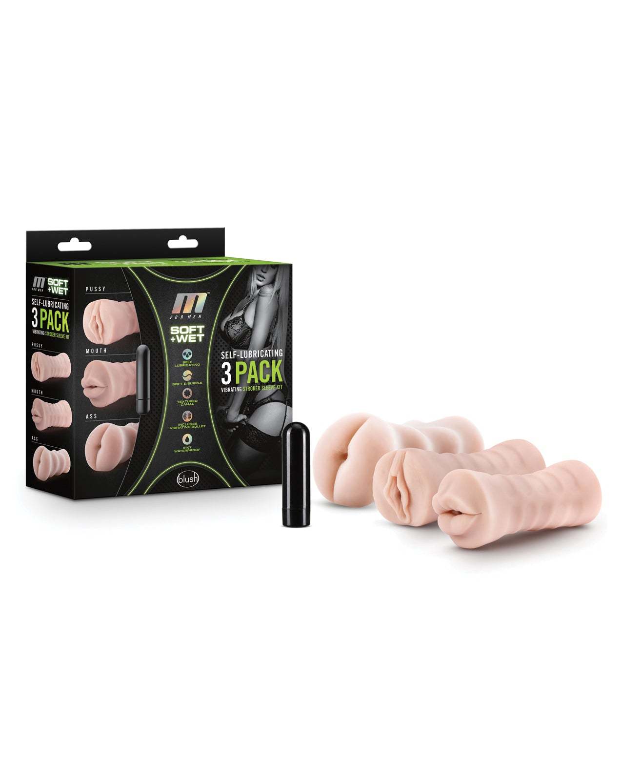 Blush M for Men self lubricating vibrating stroker sleeve kit with three lifelike textured sleeves and a black vibrating bullet.