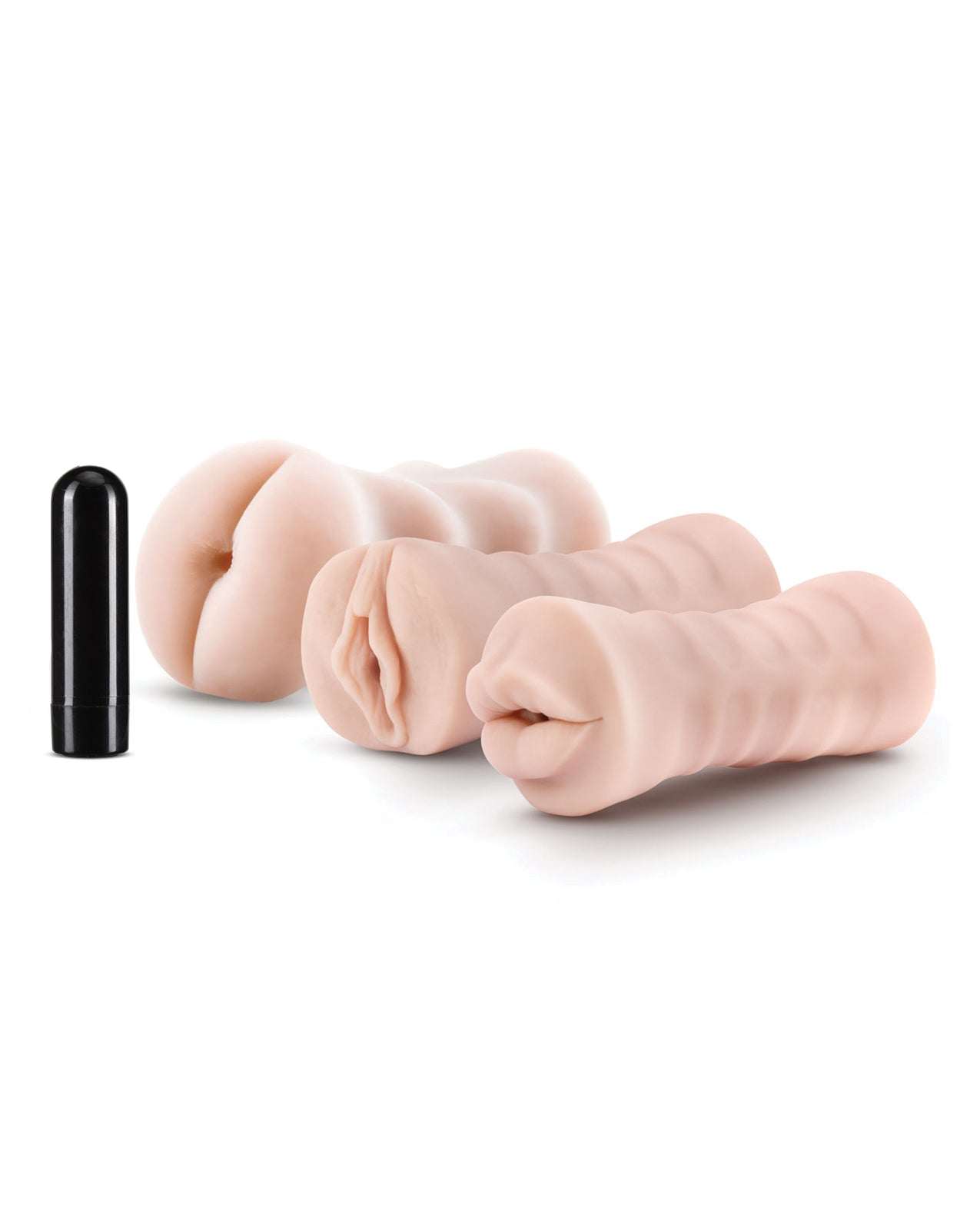 Blush M for Men self lubricating vibrating stroker sleeve kit with three lifelike vanilla sleeves and black vibrating bullet