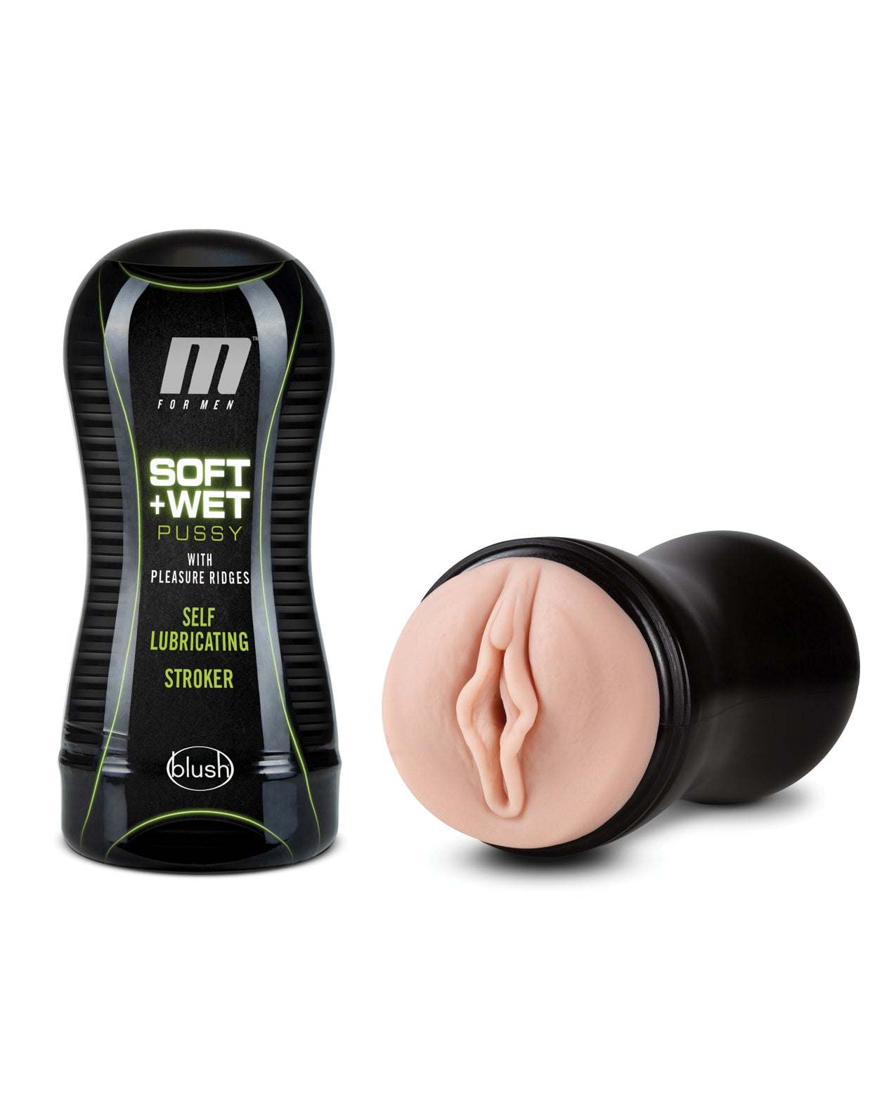 Blush M for Men self-lubricating soft and wet pocket stroker with textured pleasure ridges and vanilla scent.
