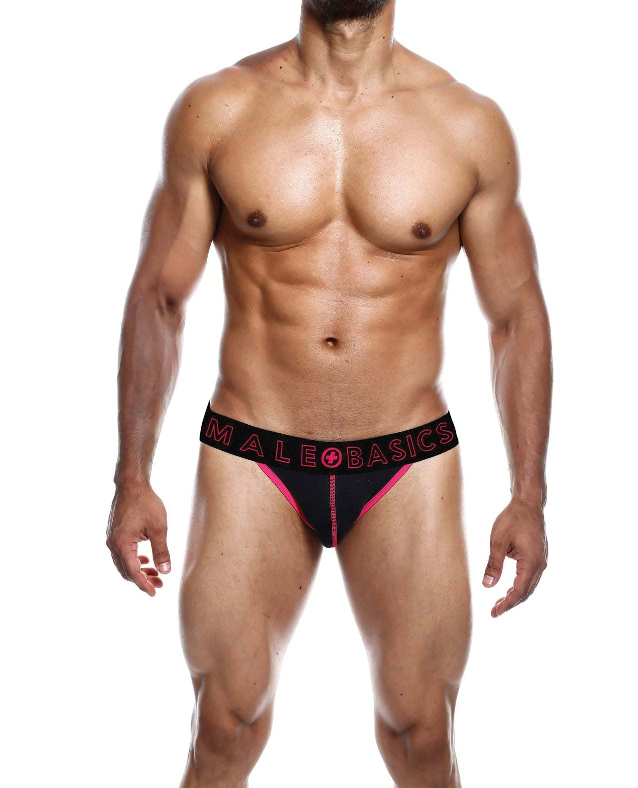 Male Basics Neon Jockstrap in black with coral neon stitching on muscular male model