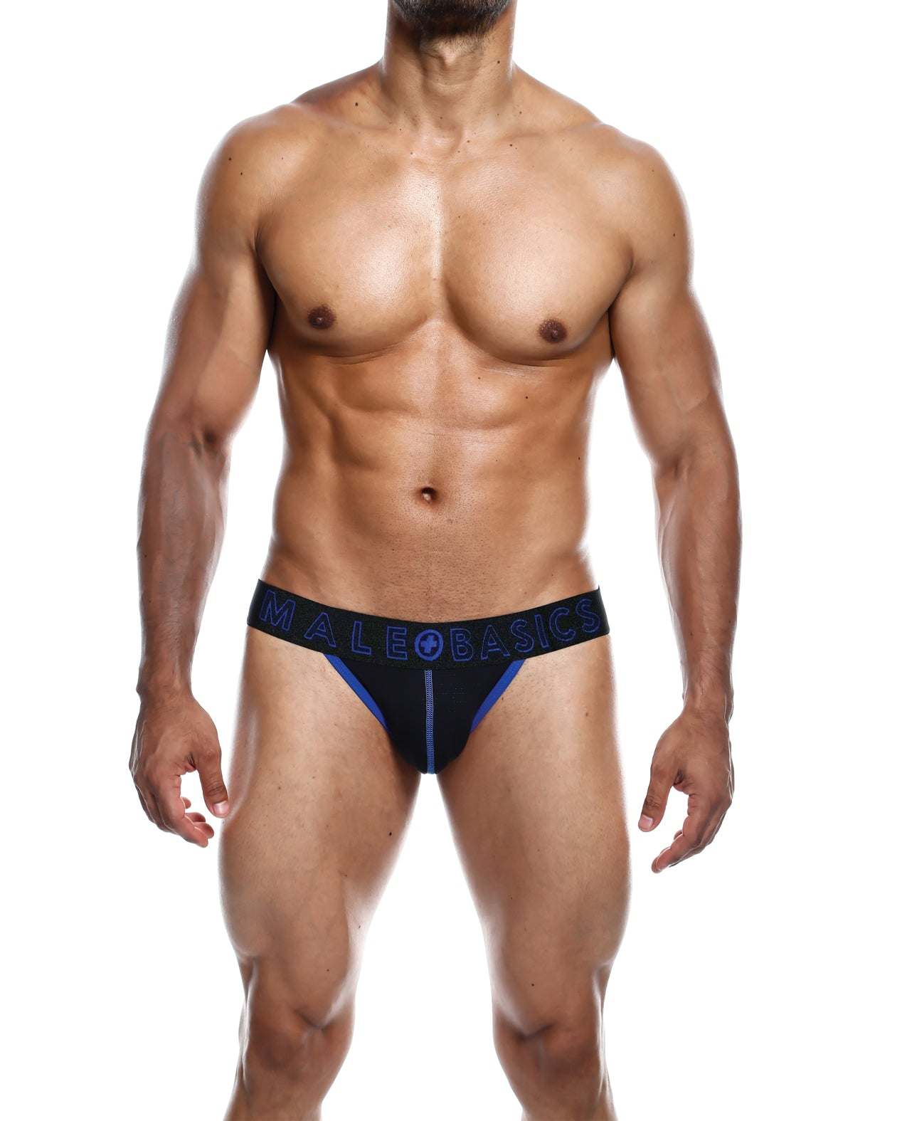 Male model wearing Male Basics Neon Jockstrap in royal blue with black waistband and neon stitching