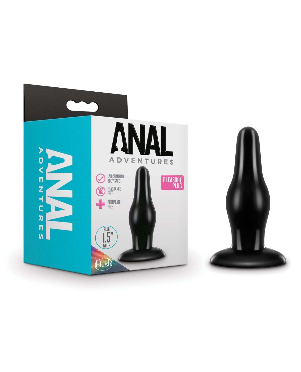 Black Blush Anal Adventures tapered pleasure plug with sleek design and body-safe material next to its packaging box.
