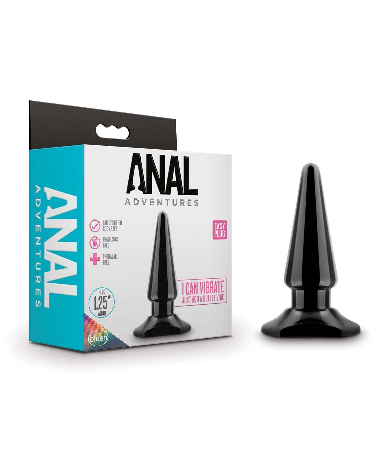 Blush Anal Adventures Easy Plug black tapered beginner anal toy with StayPut base and vibration option