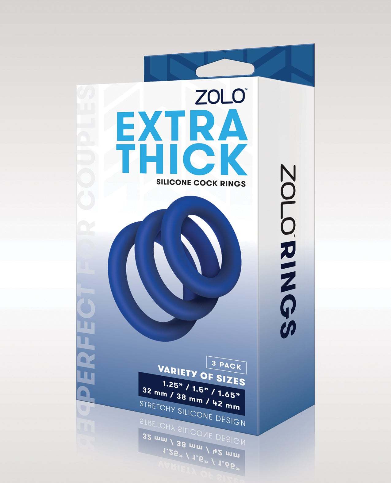 ZOLO Extra Thick Silicone Cock Rings blue pack of 3 varying sizes 1.25, 1.5, 1.65 inches stretchy silicone design