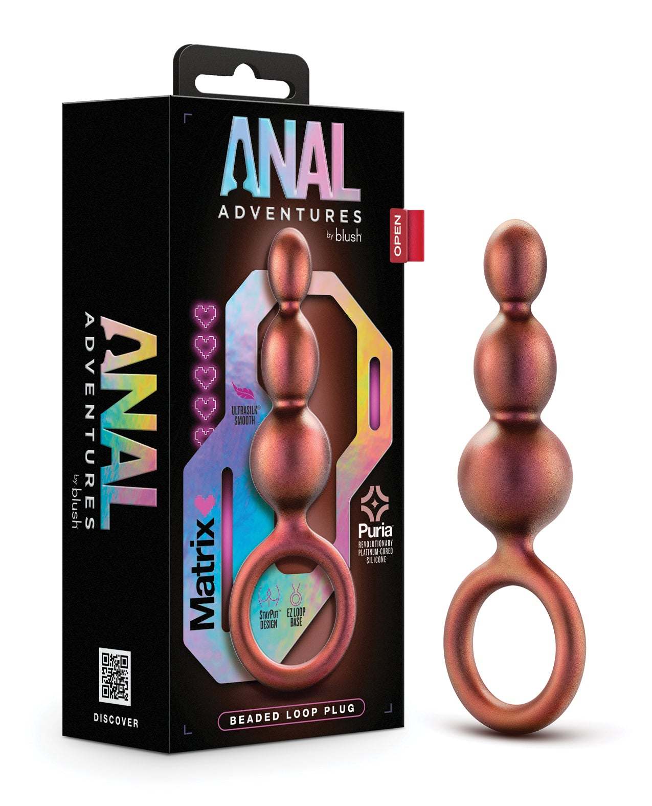 Blush Anal Adventures Matrix beaded loop plug in copper finish with three graduated beads and silicone loop handle for easy use