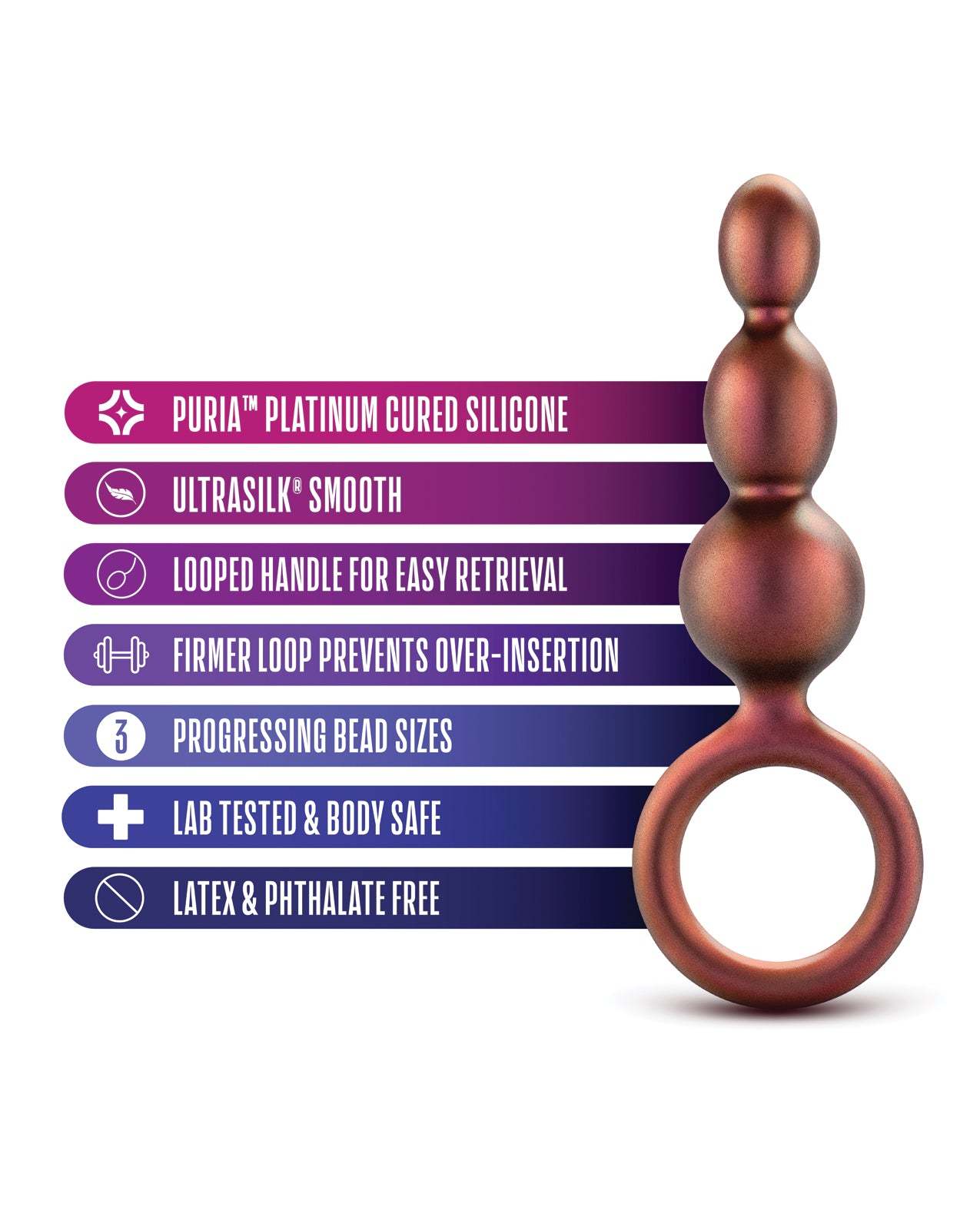 Blush Anal Adventures copper beaded loop plug with three graduated beads and silicone handle, body-safe and smooth finish.