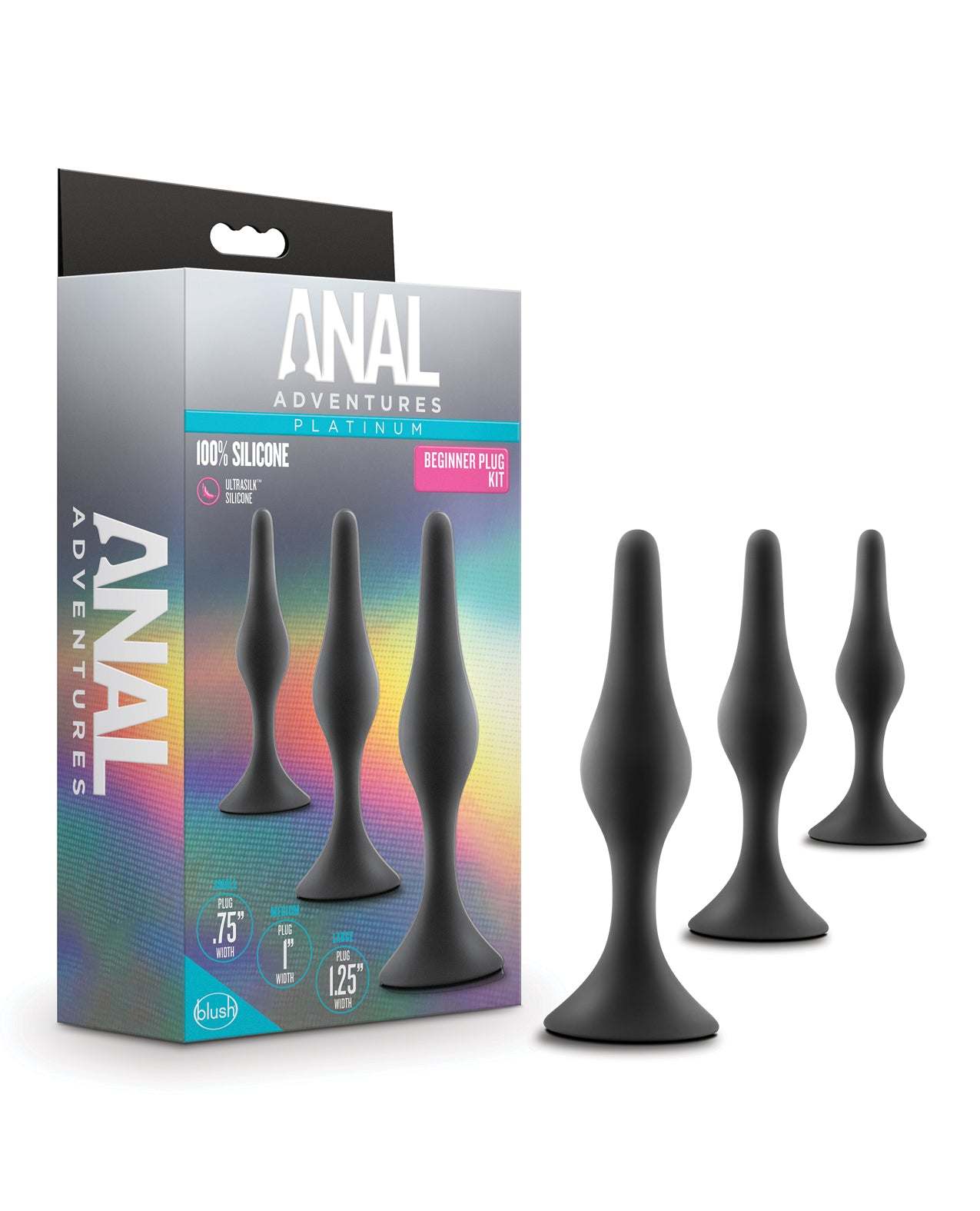 Blush Anal Adventures Platinum Silicone Beginner Plug Kit in black with three tapered plugs in ascending sizes for comfortable anal training and exploration