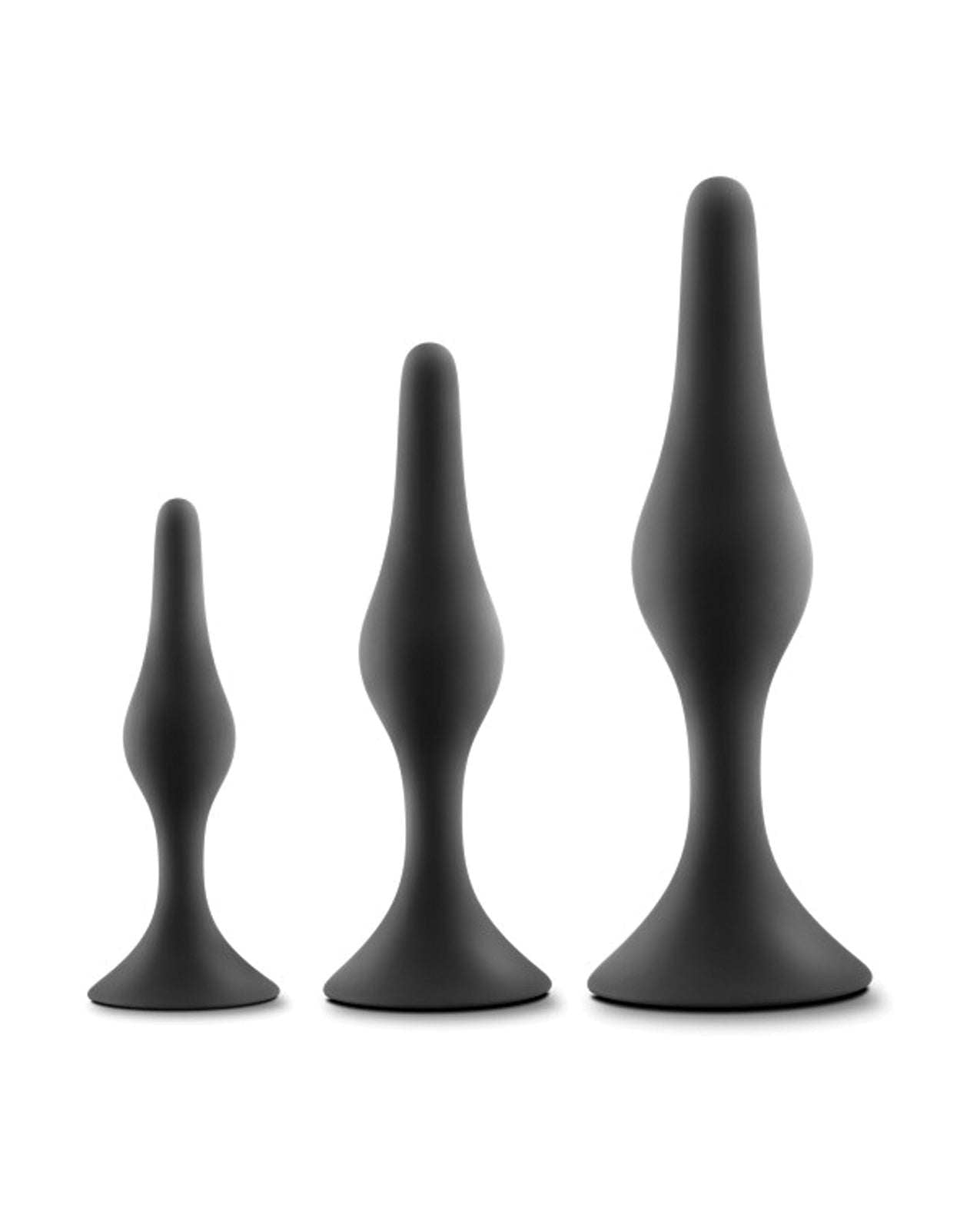 Blush Anal Adventures black platinum silicone beginner anal plug kit with three tapered sizes and StayPut technology