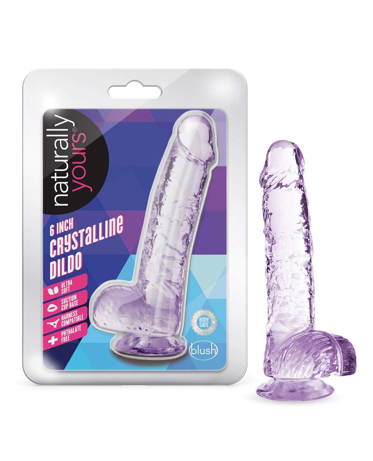 Blush Naturally Yours 6-inch crystalline amethyst dildo with suction cup base for hands-free use and realistic texture.
